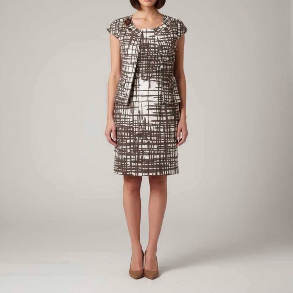 Trina Turk Abstract Scribble Print Dress Crop Jacket Set Sz 2 Brown Ivory Glam